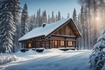 wooden house in snow forest. 