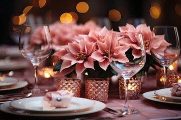 Christmas festive table setting with Pink poinsettia blooms  - obrazy, fototapety, plakaty
