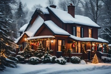 Capture a charming house with festive decorations amidst a snowy neighborhood. 