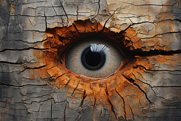 Eye in the hole in the tree: The Watchful Tree: Beneath Peeled Bark, a Large Eye Emerges from a Deep, Enigmatic Hole
