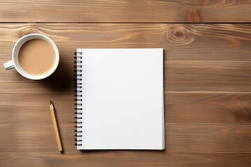 Blank white notebook with a pencil and coffee in a cup next to it on a wooden table or background with space for text or inscription, top view.generative ai
