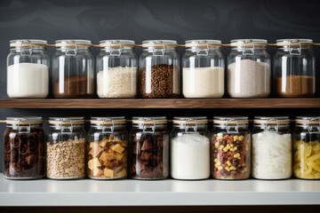 Organized pantry with baking ingredients stored in BPA-free containers. Generative AI - obrazy, fototapety, plakaty