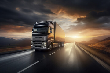 A truck with a large black trailer driving on an empty road with the setting sun in the background. Concept for a transport or forwarding company.generative ai
