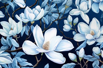 Watercolor magnolia pattern on blue background with flowers. Generative AI