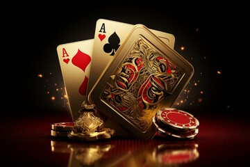 Illustration of casino cards showing poker, blackjack, baccarat, black and red ace symbols, with golden metal 3D rendering. Generative AI