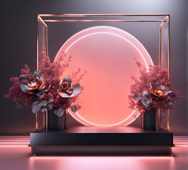 Scene with podium for mock up presentation, abstract floral theme, neon lighting