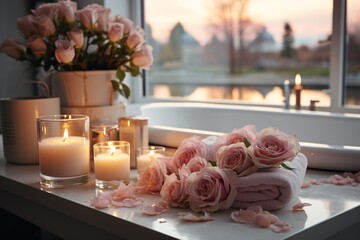 Obraz na płótnie Canvas Beautiful spa composition with candles and roses on table near window in bathroom. Elegant bathroom with roses and scented candles.