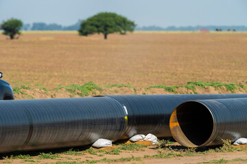 Gas pipeline construction, La Pampa province , Patagonia, Argentina.