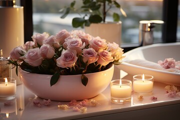 Beautiful spa composition with candles and roses on table near window in bathroom. Elegant bathroom with roses and scented candles.
