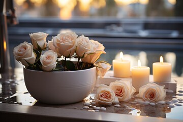Beautiful spa composition with candles and roses on table near window in bathroom. Elegant bathroom...