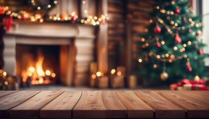 Wood table with blurry christmas tree and fireplace background with copy space