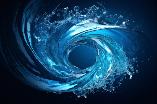 Rounded splash of blue water isolated on dark blue background.generative ai
