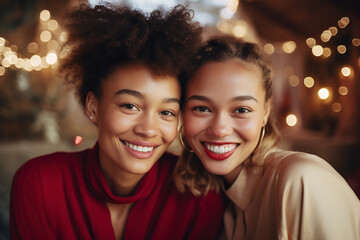 Portrait of happy beautiful multiethnic young women celebrating Christmas