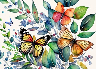 Watercolor illustration of butterflie and leaves