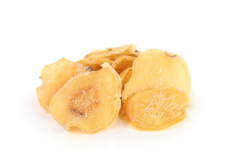 Isolated sweet potato chips. Slow baked or dehydrated vegetable slices. Healthy dog snacks or treats for obedience. Healthy chips with high fiber and vitamin A. Selective focus. White background.