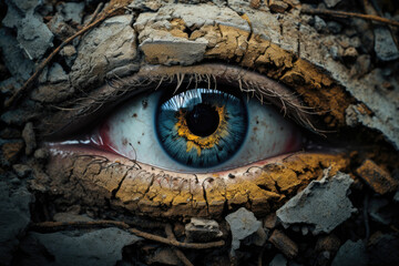 Blue eye of a woman: Eyes Tell Stories: Intimate Glimpse of a Woman's Eye, Framed by Nature's Rough Textures of Mud and Dirt. 