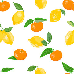Seamless vector pattern with tangerines and lemons. citrus seamless vector pattern