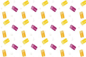 Pattern of yellow, orange, and purple gifts, on white background. 