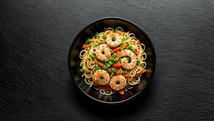 Stir fry noodles with vegetables and shrimps in black bowl. Slate background. Top view. Copy space for text