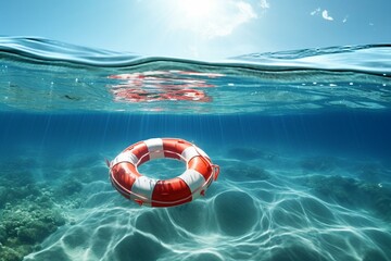 Ocean lifebuoy for SOS and rescue purposes as a wide banner. Generative AI