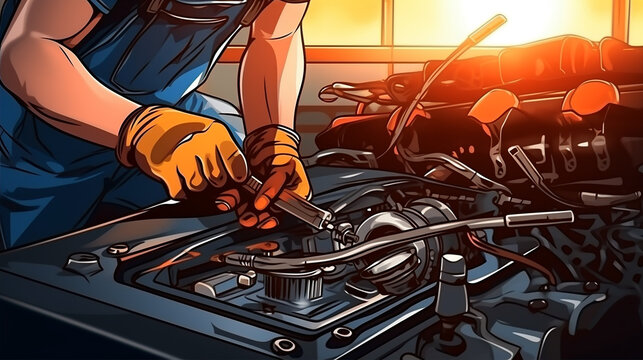 Ilustra&ccedil;&atilde;o T&eacute;cnico M&atilde;os de mec&acirc;nico de autom&oacute;veis trabalhando reparo em servi&ccedil;o de reparo de autom&oacute;veis Bateria el&eacute;trica e manuten&ccedil;&atilde;o de bateria de carro