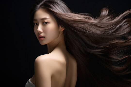 黒の背景に若いアジア人女性の躍動感のある輝く髪の毛。