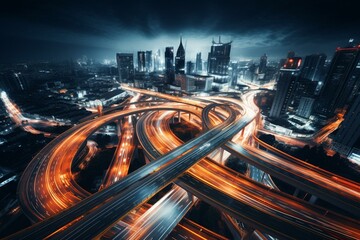 Aerial view of city expressway at night with busy car traffic over an intersection. Advanced innovation in cityscape. Generative AI - obrazy, fototapety, plakaty