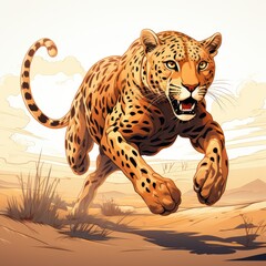 Energetic Cheetah races across the plains isolated on a white background