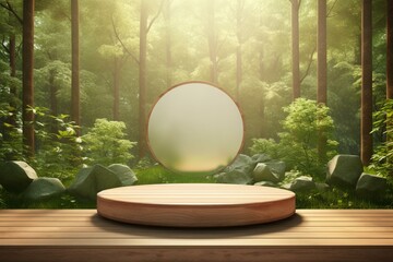 Realistic 3D illustration of a wooden stage in the forest with an empty product podium amidst green trees and soft daylight. Generative AI