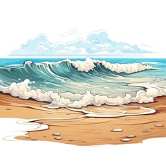 Gentle waves lap against the sandy shore isolated on a white background