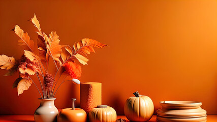 Banner layout with space for text, autumn interior decor in orange colours