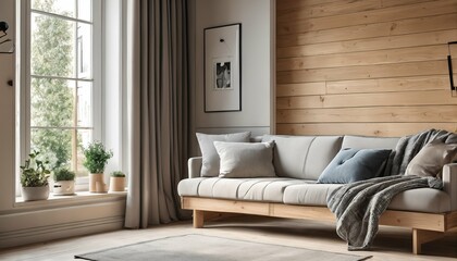 Scandinavian living room design - sofa with pillows and blanket against window, room with wooden paneling wall