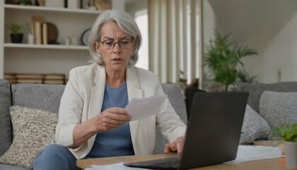 Tax calculation at home - middle-aged senior woman with laptop, managing finances, reading paper...