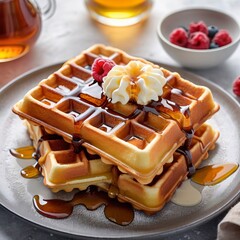 Delicious Waffle with Maple Syrup and Toppings