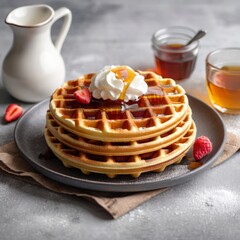 Delicious Waffle with Maple Syrup and Toppings