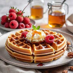 Delicious Waffle with Maple Syrup and Toppings
