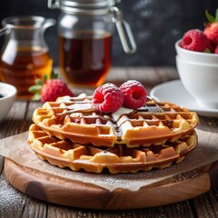 Delicious Waffle with Maple Syrup and Toppings