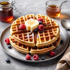 Delicious Waffle with Maple Syrup and Toppings