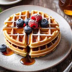 Delicious Waffle with Maple Syrup and Toppings