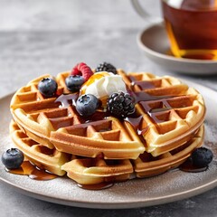Delicious Waffle with Maple Syrup and Toppings