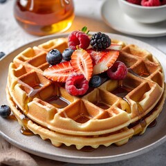 Delicious Waffle with Maple Syrup and Toppings