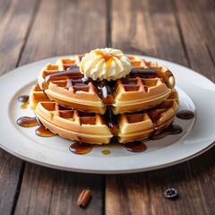 Delicious Waffle with Maple Syrup and Toppings