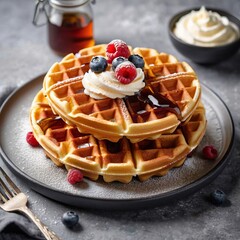 Delicious Waffle with Maple Syrup and Toppings