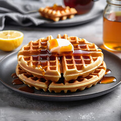 Delicious Waffle with Maple Syrup and Toppings