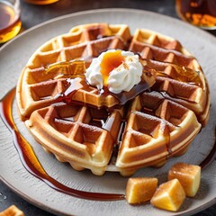 Delicious Waffle with Maple Syrup and Toppings