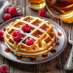 Delicious Waffle with Maple Syrup and Toppings