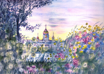 Watercolor summer landscape with flowers on the river embankment and a temple with golden domes in the distance. - 649489321