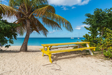 Caribbean landscape with a yellow bench in the foreground