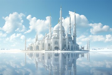 Peaceful scenery showcases a lone white mosque adorned with a pure and immaculate theme. Generative AI
