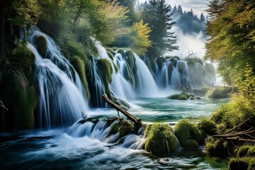 Fototapeta na wymiar Scenic cascade scenery in Plitvice Lakes, Croatia. Generative AI